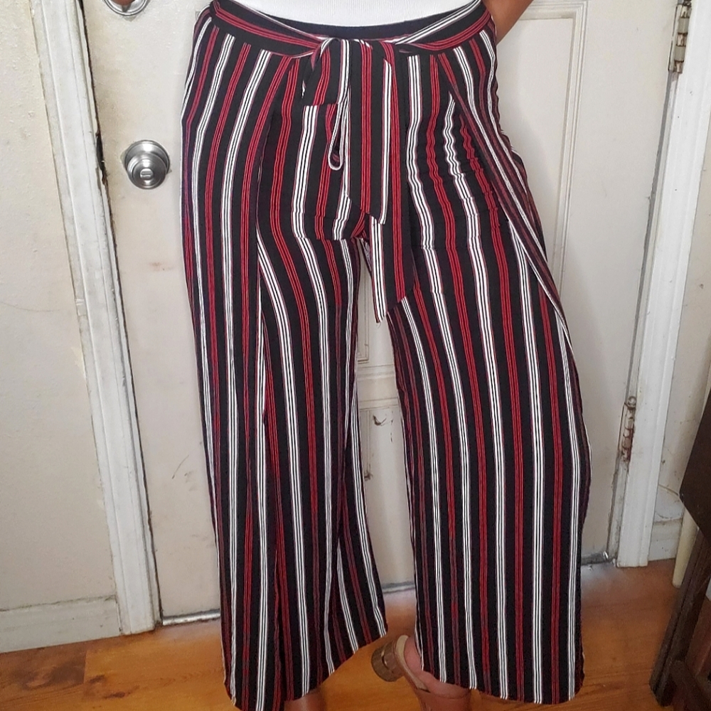 EUC Ambiance Apparel Black Red White Striped Flowy Pants w/Slits (Size: L)